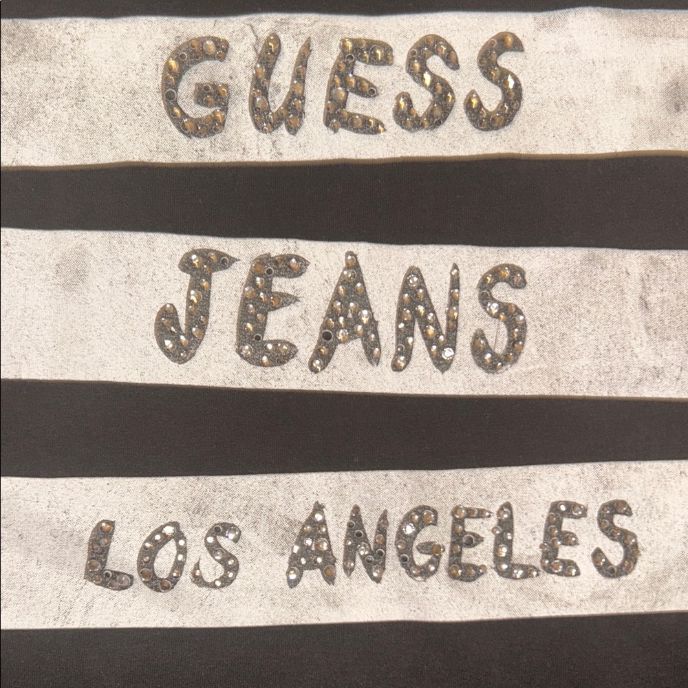 GUESS Black Tee with White Bars and Rhinestone Accent Logo - Picture 3 of 4